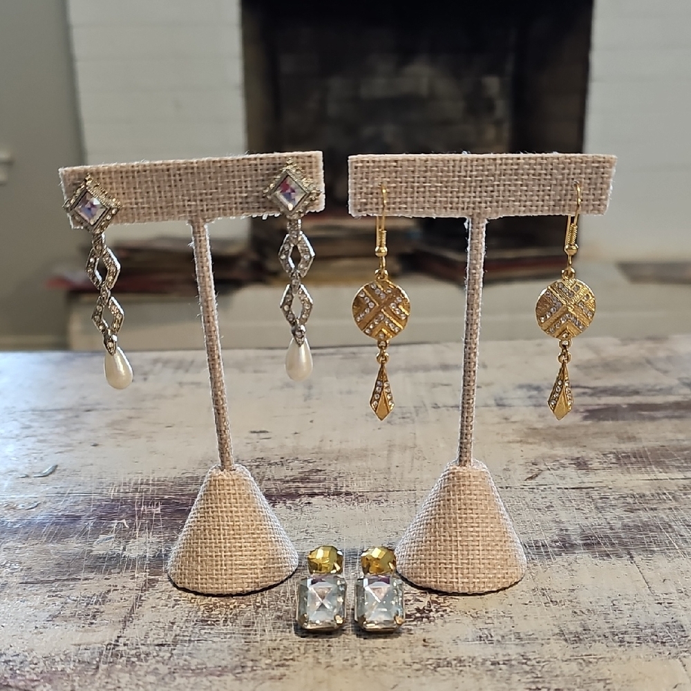 ✨ Lot of 3 Pairs Glamorous Rhinestone & Pearl Drop Earrings